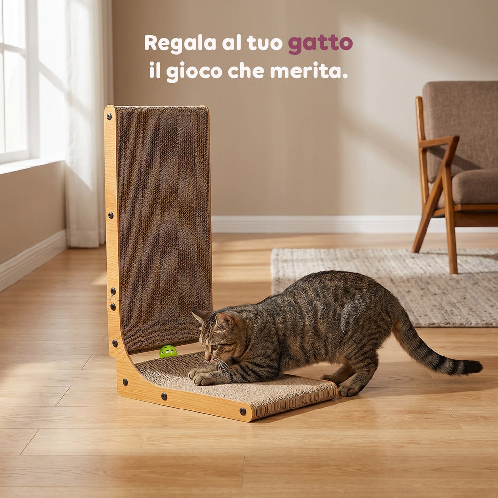 Tiragraffi per Gatti a Forma di L Altezza 68 cm in Carta Ondulata Resistente e Legno MDF – con Gioco a Pallina Integrato