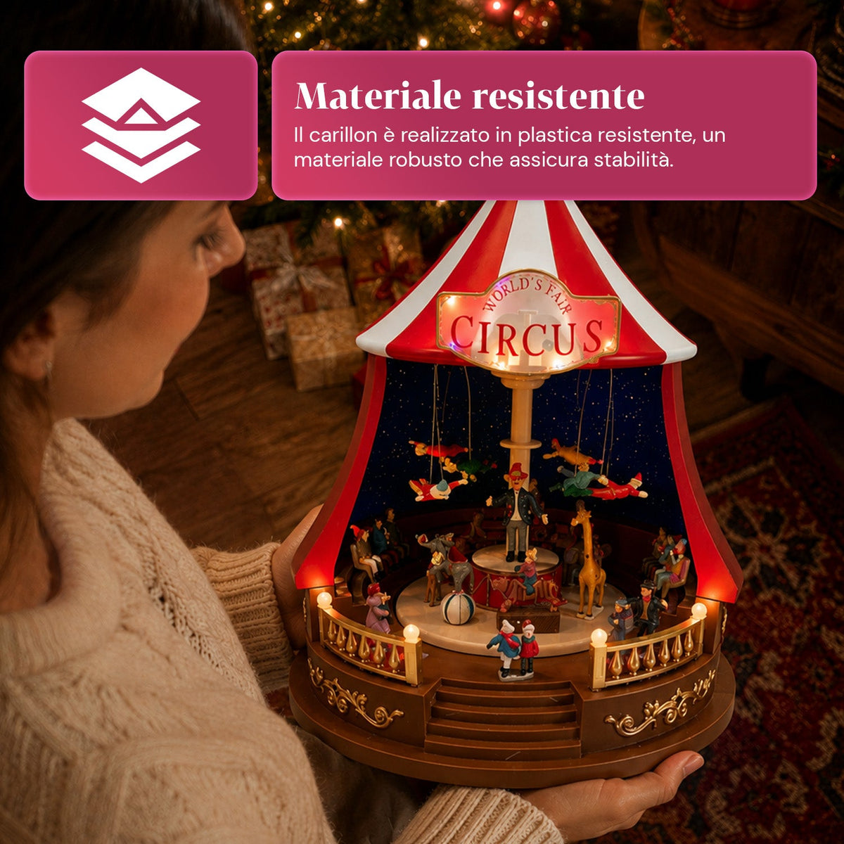 Carillon Natalizio Animato CircoJoy con Luci LED e Musica, Tendone Circo Ø34 x A44 cm in Plastica, Scena Rotante, Alimentazione USB o a Batterie