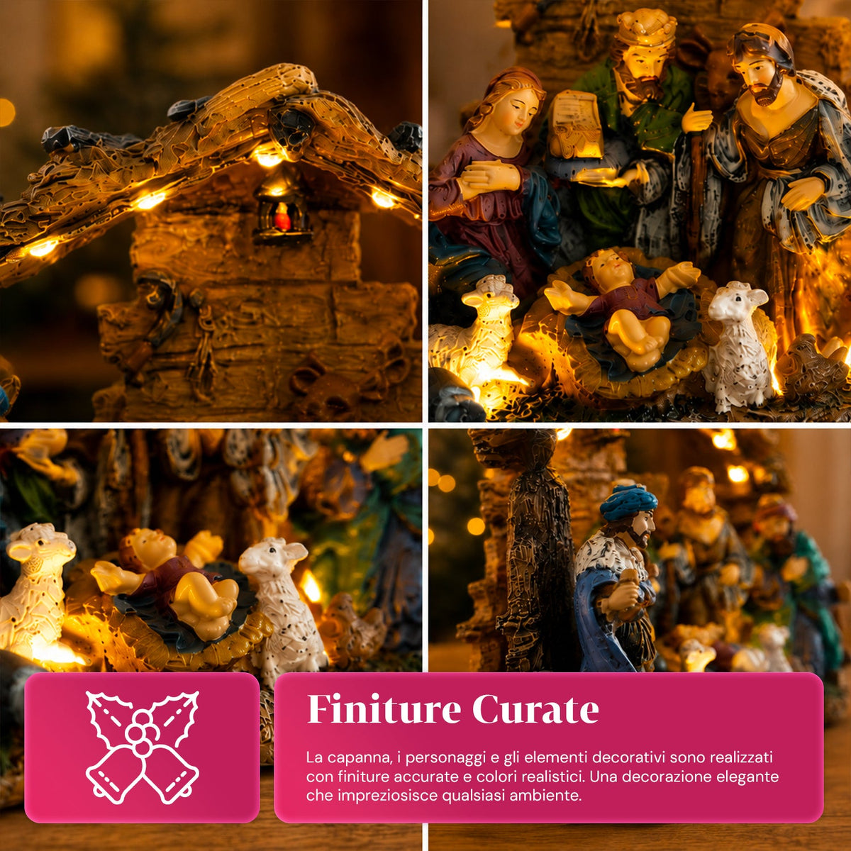 HolyGlow Presepe Natività in Poliresina con Luci LED e Interruttore ON/OFF, Capanna Rustica e Base Stabile, 23x11,5x17 cm