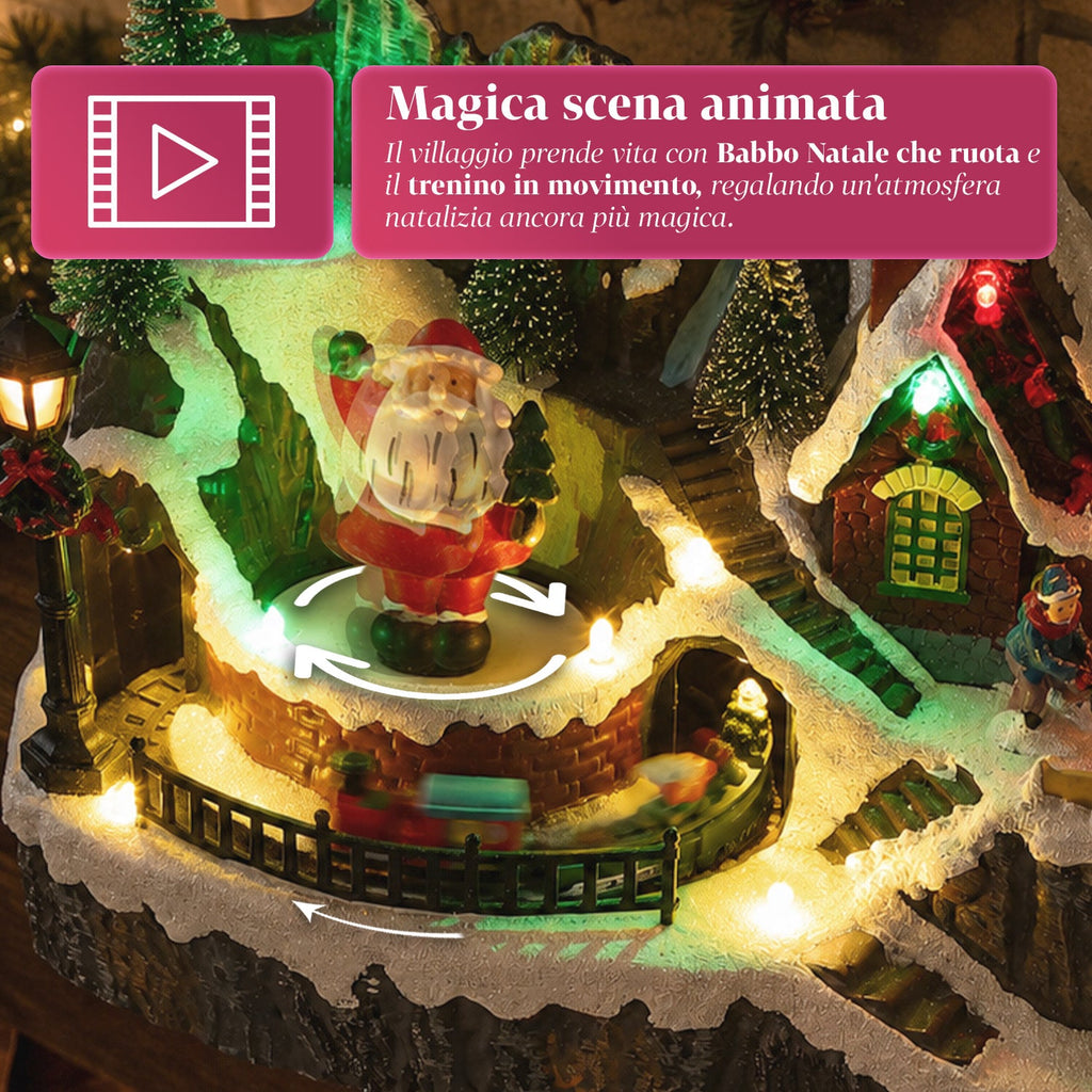 LitVille Villaggio di Natale Illuminato a LED con Trenino in Movimento e Babbo Natale Rotante, 8 Melodie Natalizie, 23x15x18 cm, a Batteria