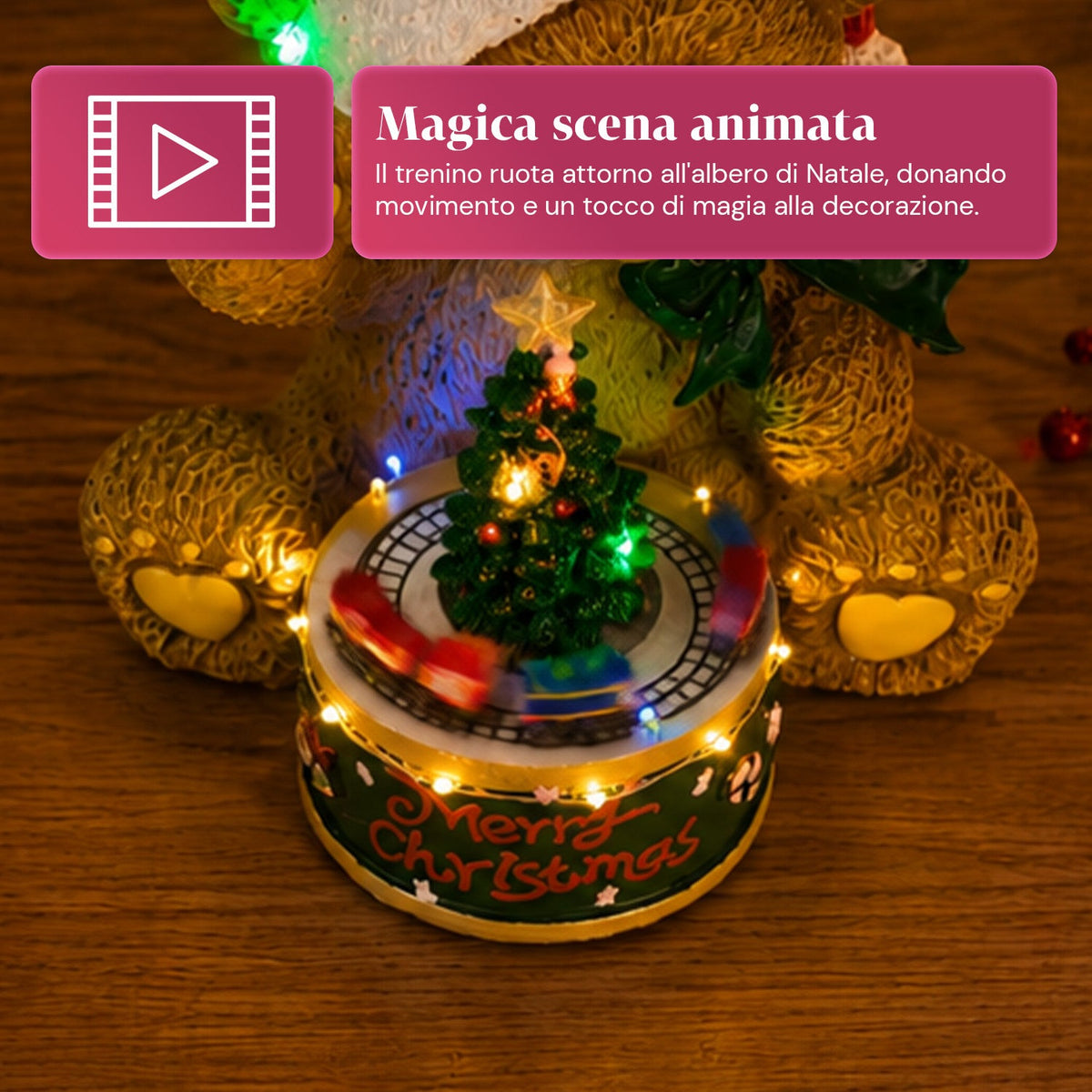 Orsetto di Natale Luminoso con Trenino Rotante e Carillon, Teddy XMAS Bear Station, Decorazione Natalizia LED in Poliresina 20,5 cm