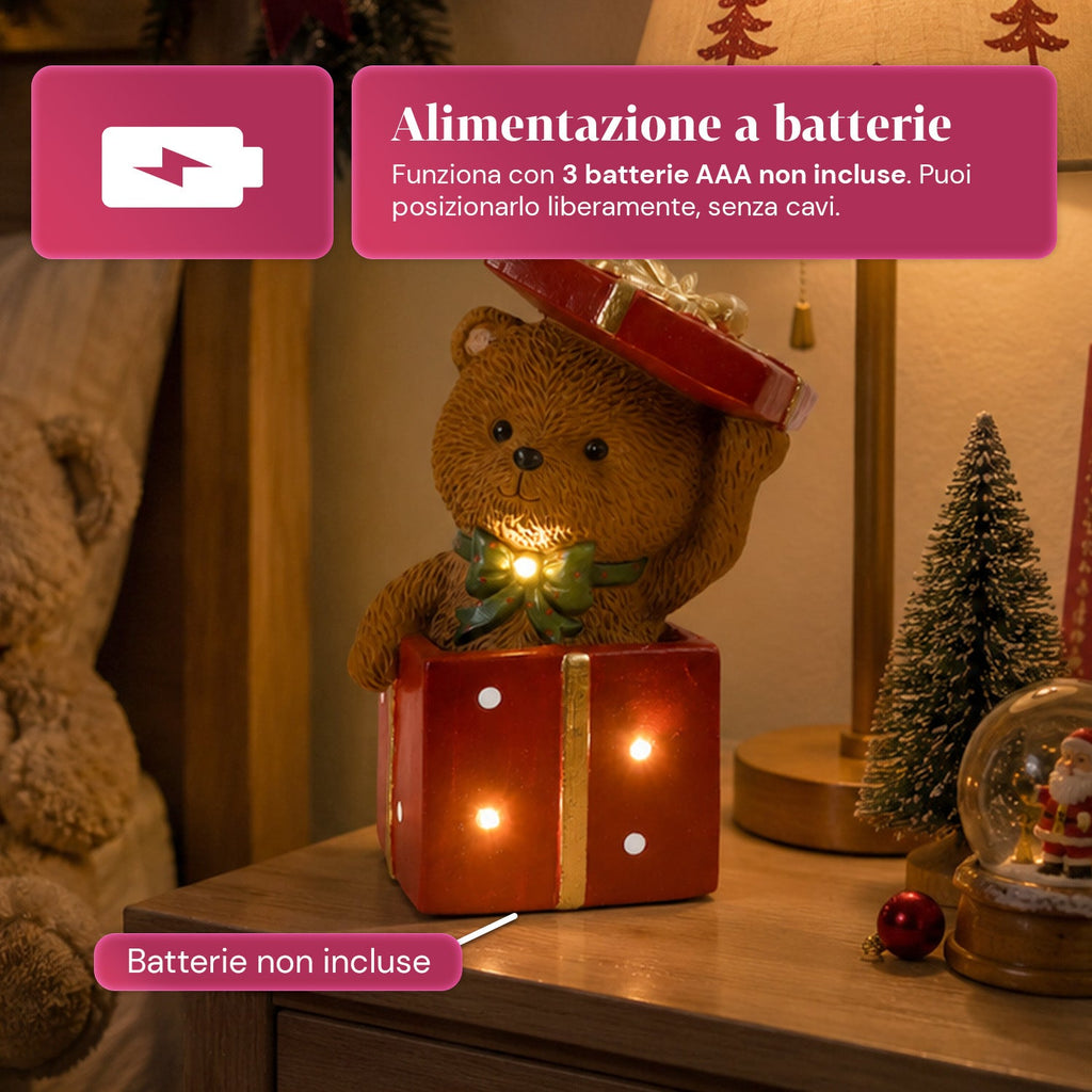 Orsetto natalizio in poliresina con pacco regalo, 2 varianti, luci LED a punti, alimentazione a batterie, finiture curate, base stabile