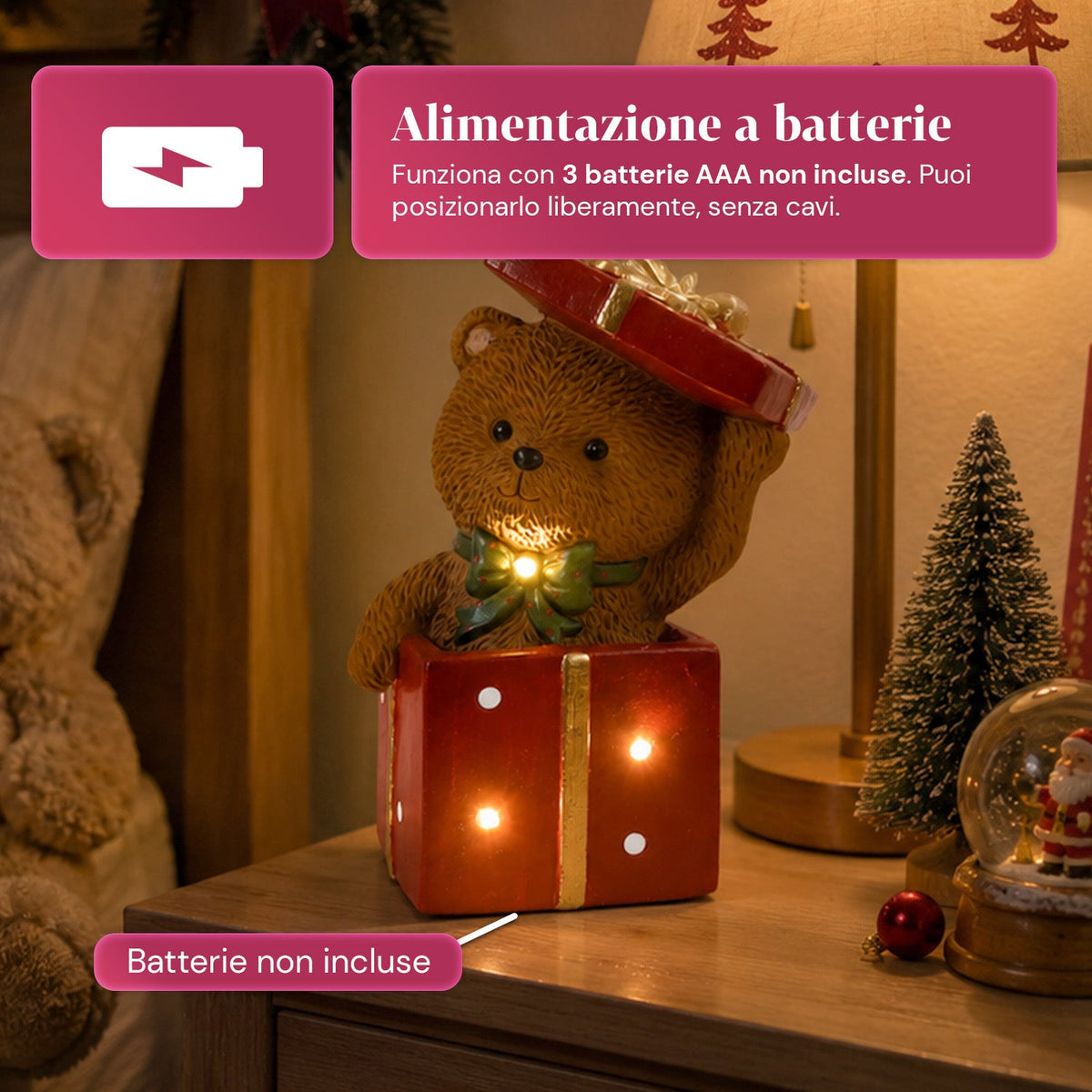 Orsetto natalizio in poliresina con pacco regalo, 2 varianti, luci LED a punti, alimentazione a batterie, finiture curate, base stabile