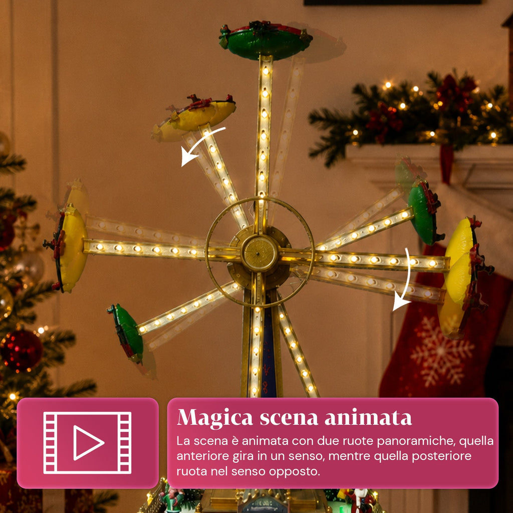 Ruota Panoramica Natalizia SkyWheel con Luci LED, Melodie e Doppia Rotazione, Villaggio con Biglietteria e Personaggi, 47,7 cm