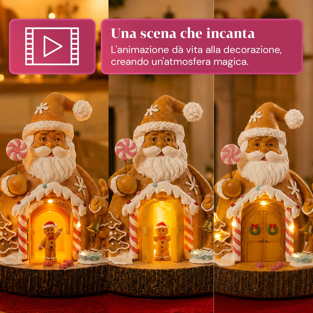Babbo Natale Pan di Zenzero - Decorazione Natalizia Babbo Natale Pan di Zenzero con Luci LED, Musica e Porta Apribile, Casetta Luminosa in Resina 20,6 cm