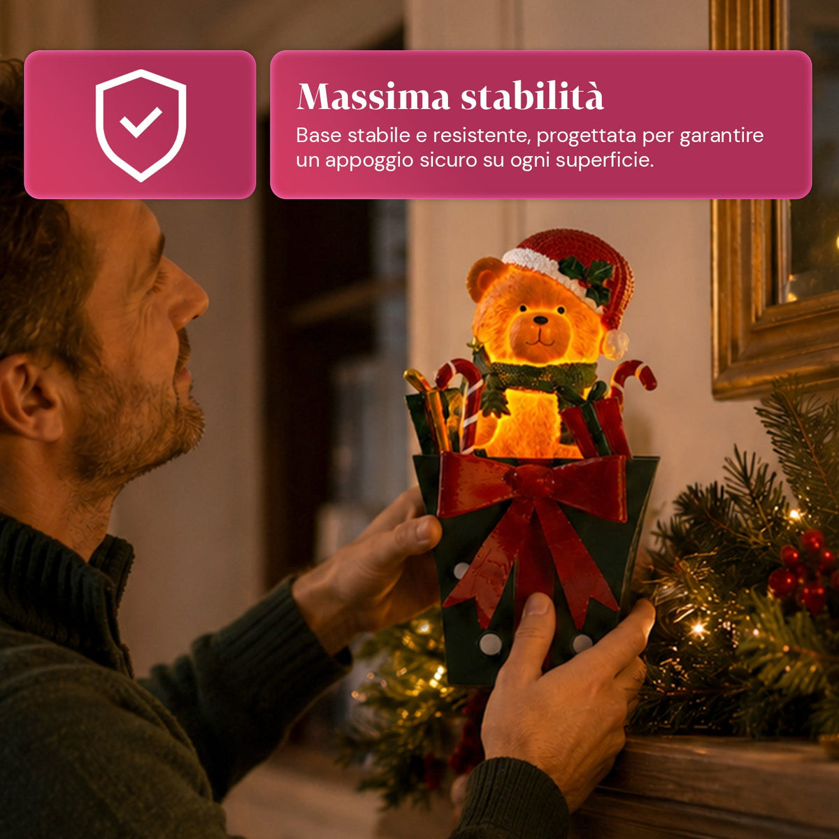 Teddy BearGift, orsetto natalizio luminoso in confezione regalo, luce LED calda, dimensioni 15x15x25,5 cm, alimentazione a batterie
