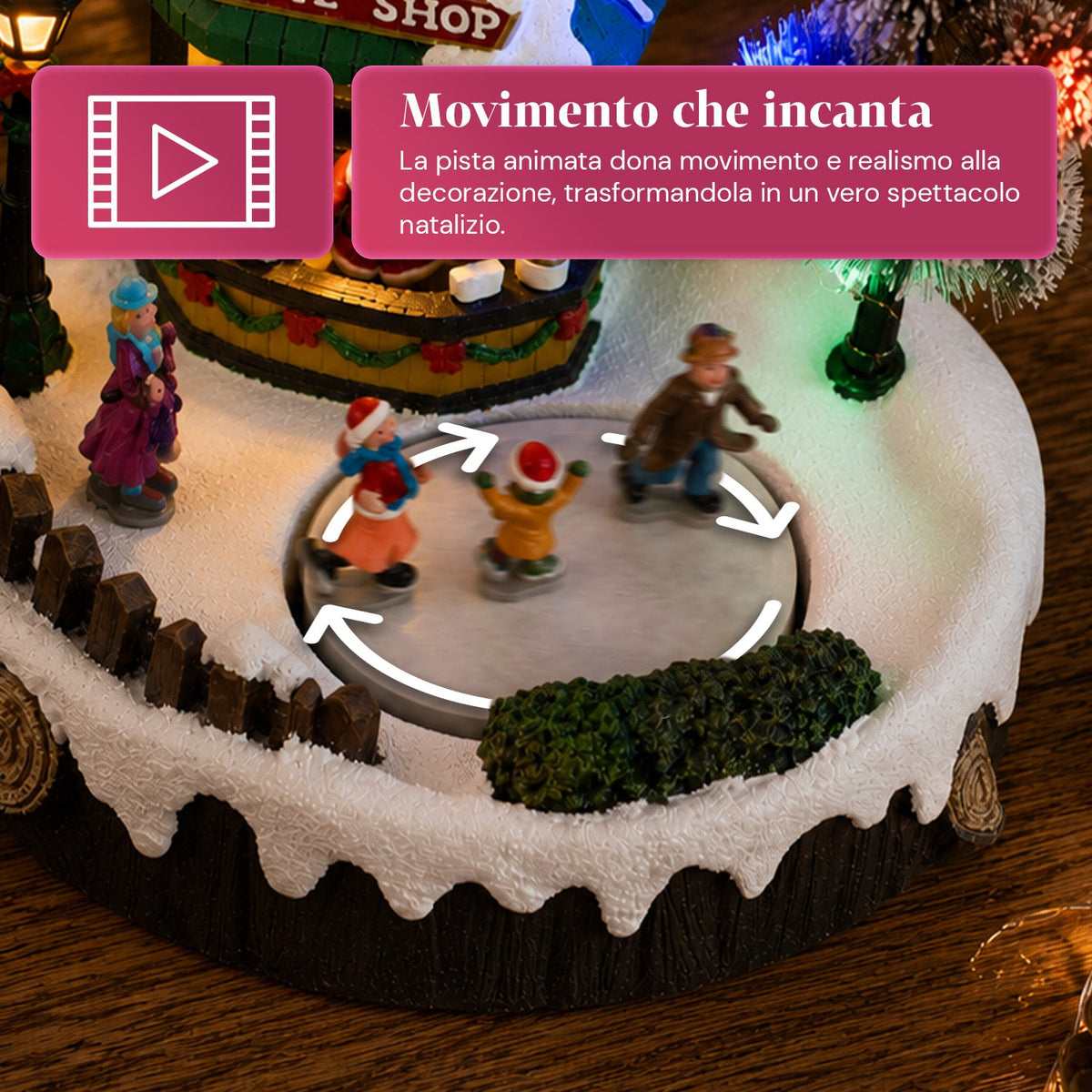 Villaggio di Natale luminoso GlideRink, pista di pattinaggio animata con musica e luci LED, decorazione in resina 20,8x20,7x17,2 cm, a batterie AA