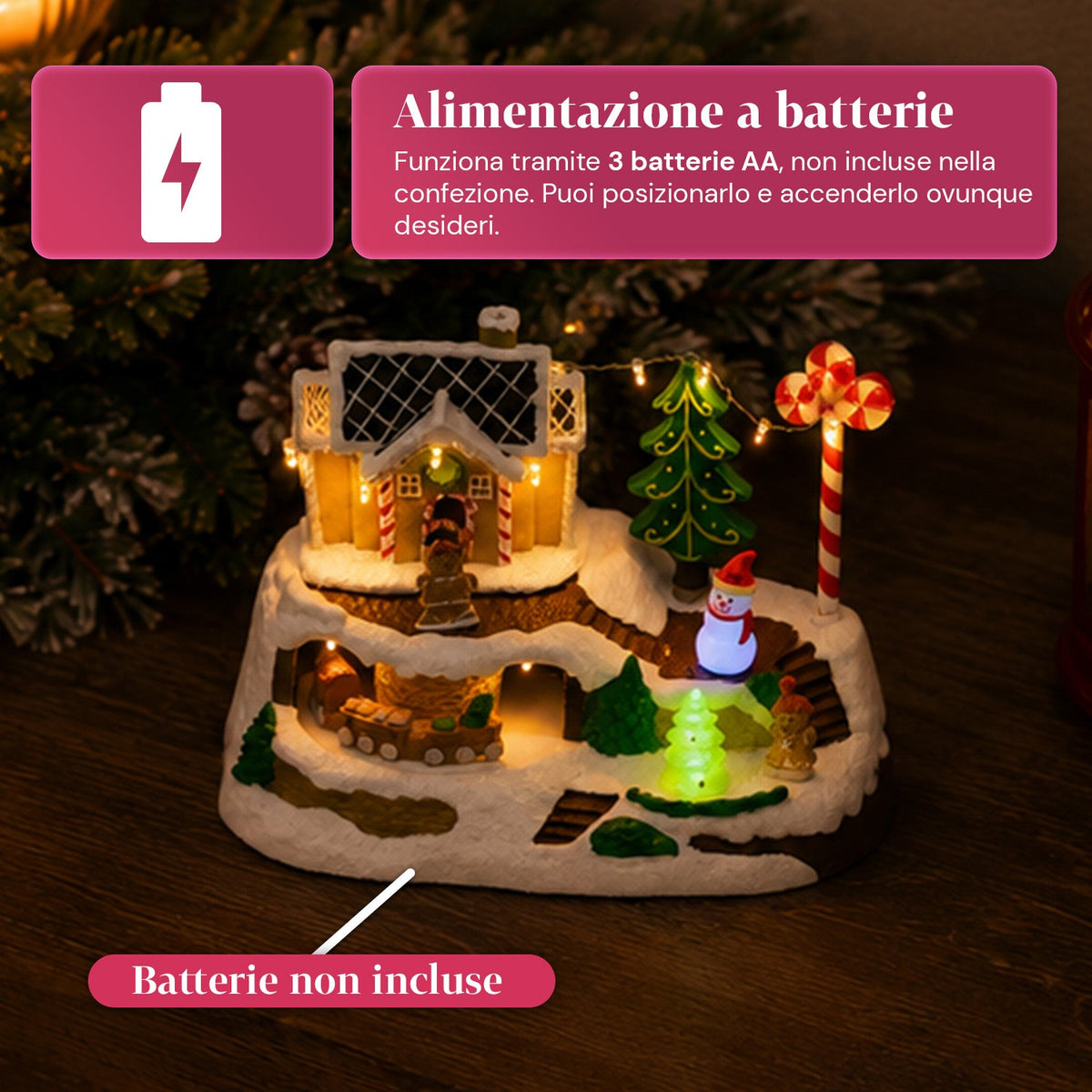 Villaggio Natalizio Luminoso Candy Town con Trenino in Movimento e 8 Melodie, Casetta Pan di Zenzero LED, Decorazione Natalizia 23,5 cm