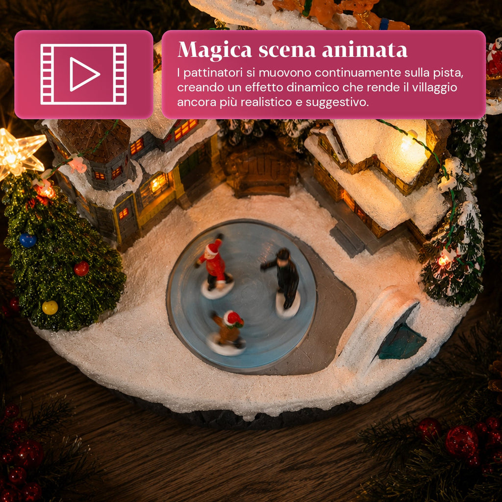 Villaggio Natalizio Luminoso Snowtime con Pista di Pattinaggio Animata, Luci LED e Musica, Slitta di Babbo Natale, Poliresina 21,5x15,8x22,5 cm