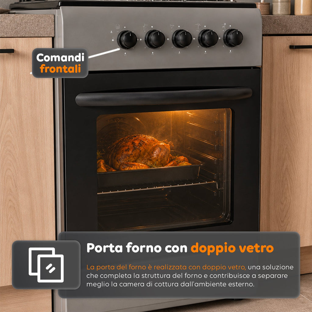 Cucina a Gas 50x50 cm con Forno a Gas 49 Litri, 4 Fuochi di Diversa Potenza, Valvole di Sicurezza e Coperchio