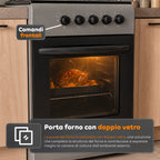 Cucina a Gas 50x50 cm con Forno a Gas 49 Litri, 4 Fuochi di Diversa Potenza, Valvole di Sicurezza e Coperchio