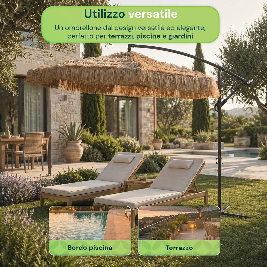 Ombrellone Lampara da Giardino Effetto Rafia – Altezza 2,75m con Struttura in Acciaio al Carbonio con Manovella e Sostegno a Croce