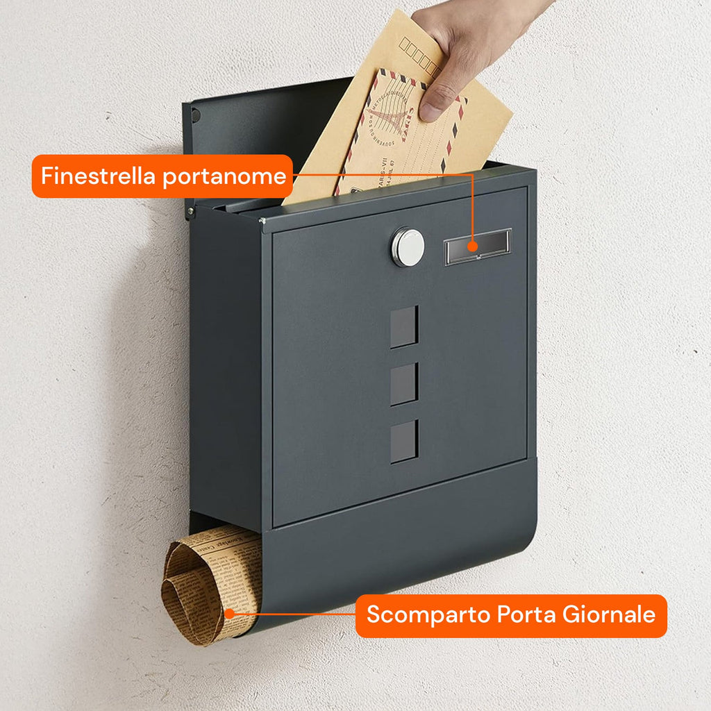 Cassetta Postale in Acciaio Inox con Serratura e Scomparto Giornali