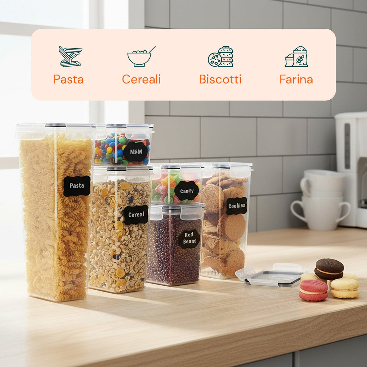 Set di 24 contenitori ermetici per alimenti di diverse dimensioni con etichette