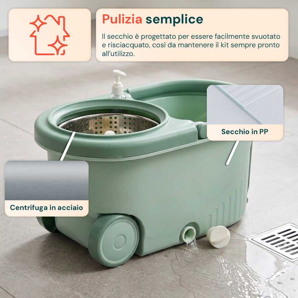 Kit Mocio Rotante 360° con Secchio 14L - 46x27x22cm e Centrifuga in Acciaio – Include 2 Testine in Microfibra, Dosatore Sapone e Asta Telescopica – Set Lavapavimenti Universale con Ruote e Scarico