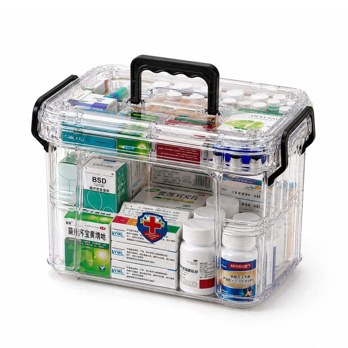 Organizer per Farmaci Trasparente a 2 Livelli con Maniglia e Chiusura a Clip -  8 Scomparti Superiori 23,5x17x13,5 cm