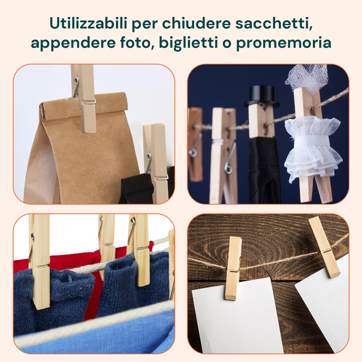 Set 100 Mollette in Legno Multiuso con Molla in Acciaio