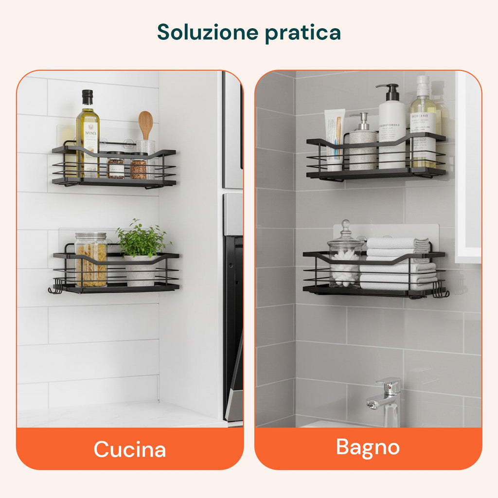 Set di 2 mensole adesive da parete in acciaio nero per bagno e cucina