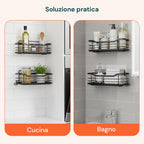 Set di 2 mensole adesive da parete in acciaio nero per bagno e cucina