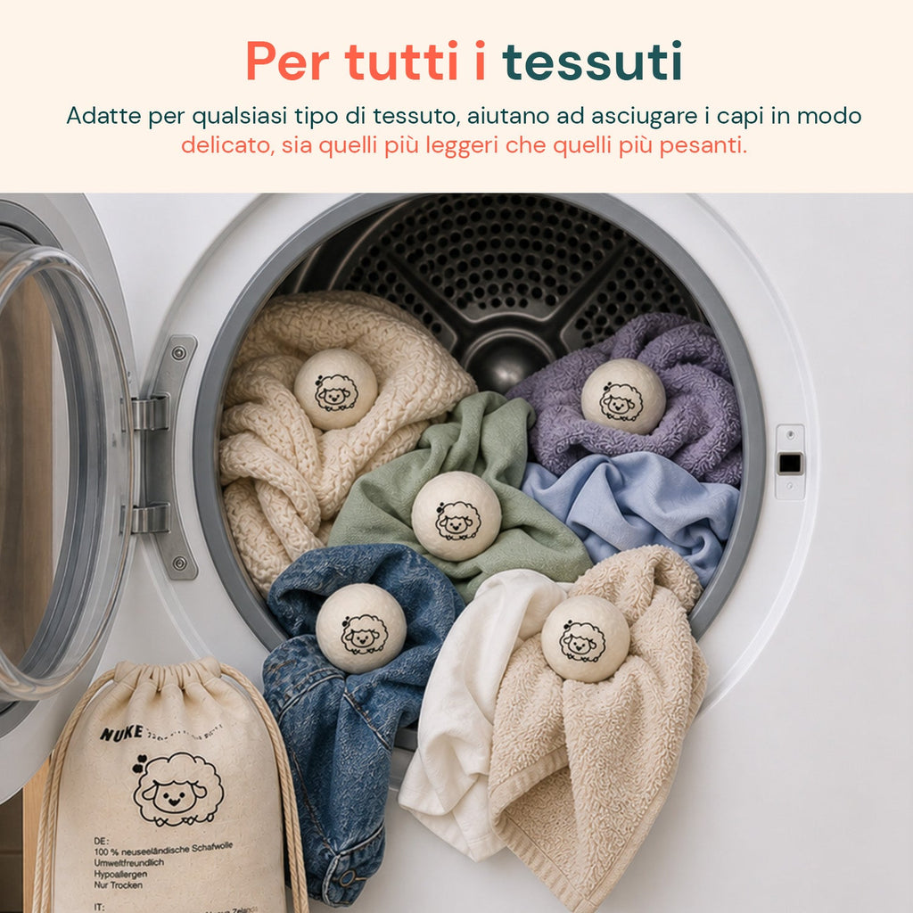 Set di 6 palline di lana per asciugatrice riutilizzabili - Diametro 7 cm