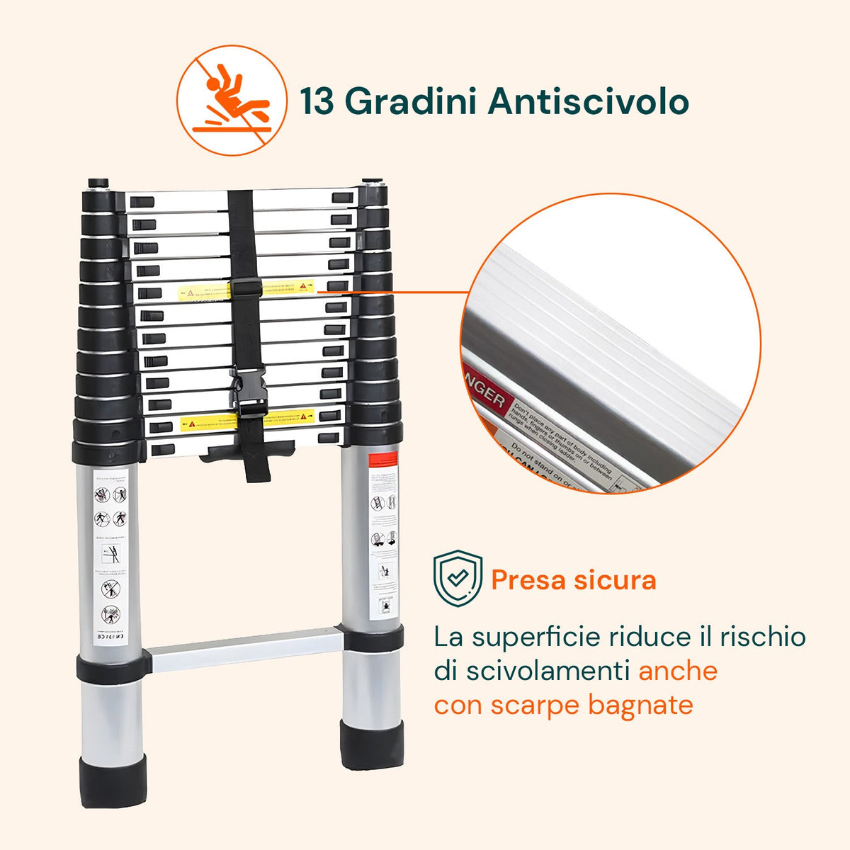 Scala Telescopica Professionale da 7 a 13 Gradini in Acciaio – Uso Domestico e Lavorativo