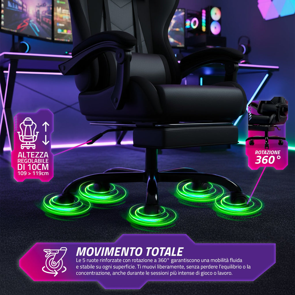 Sedia Gaming Reclinabile con Poggiapiedi Estraibile, Cuscino Lombare e Poggiatesta