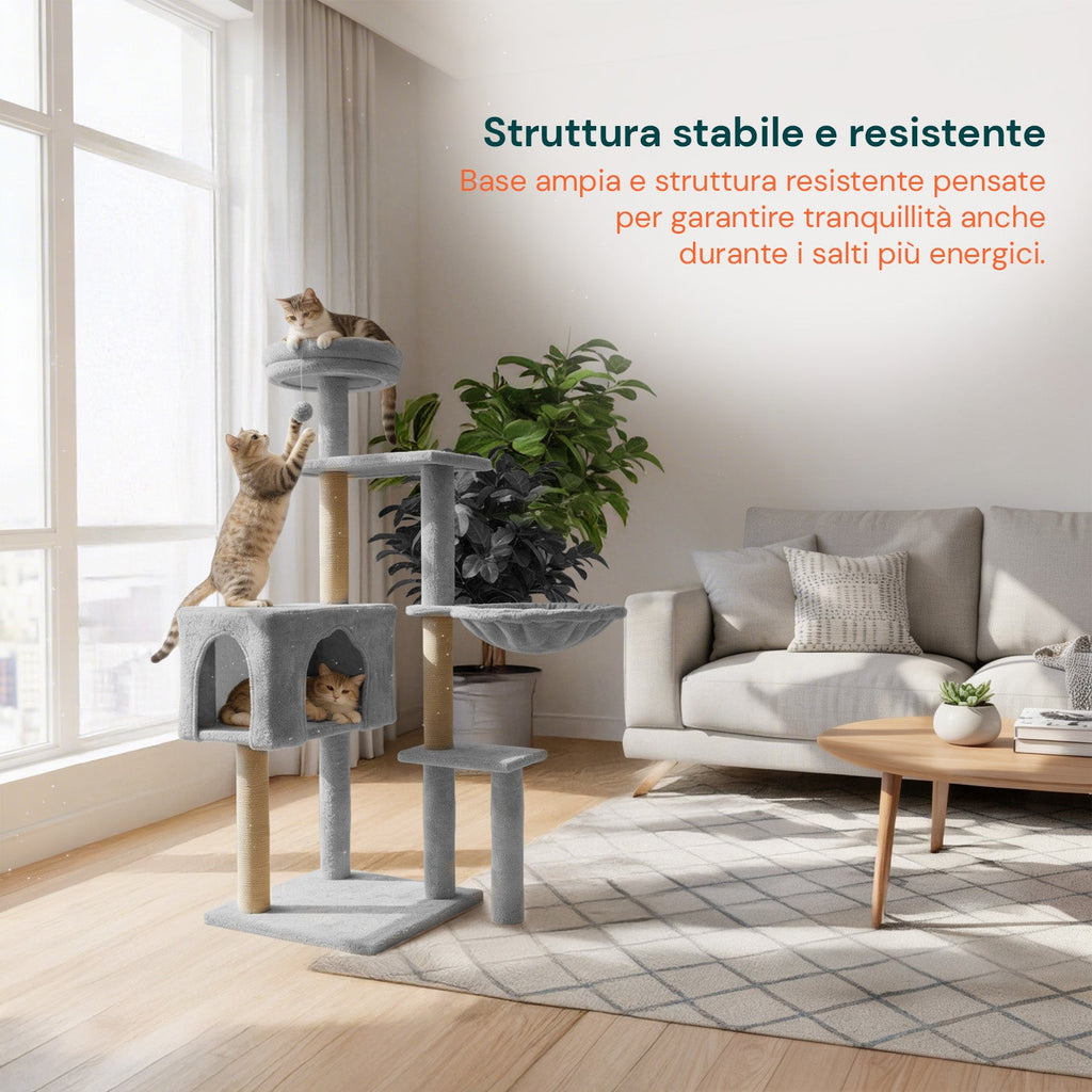 Tiragraffi per gatti 120 cm con cuccia e amaca multilivello