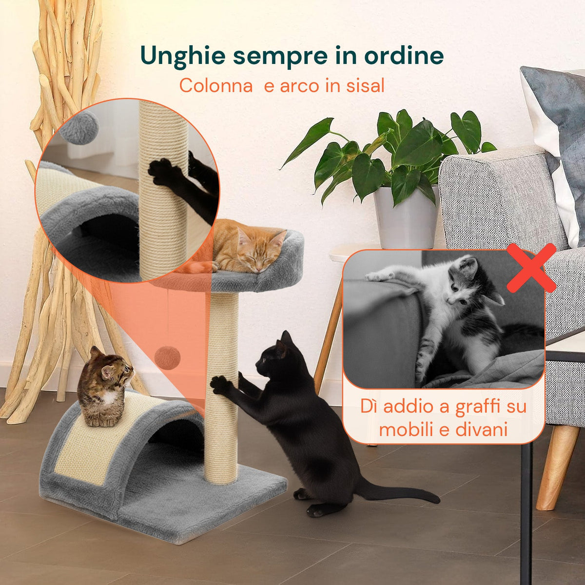 Tiragraffi per gatti 50 cm con arco in sisal e gioco pendente