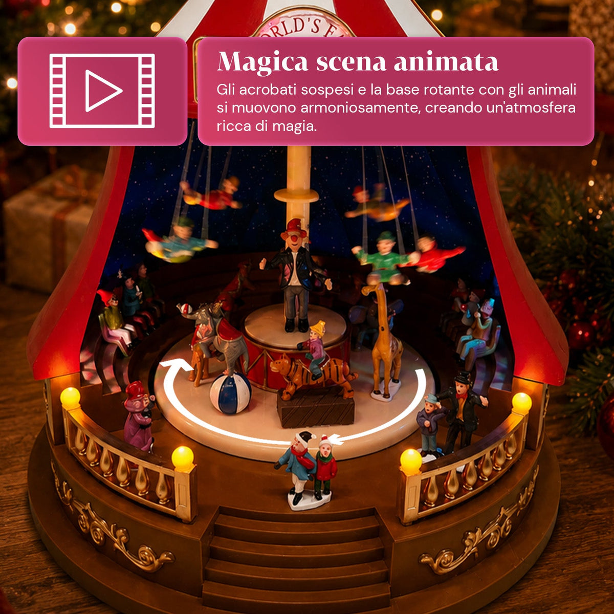 Carillon Natalizio Animato CircoJoy con Luci LED e Musica, Tendone Circo Ø34 x A44 cm in Plastica, Scena Rotante, Alimentazione USB o a Batterie