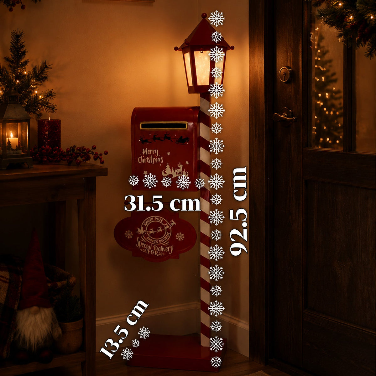 DeerPost Cassetta Postale Natalizia con Lanterna a LED e Sportello Posteriore, Decorazione in Metallo con Cartello Pendente, Altezza 92,5 cm