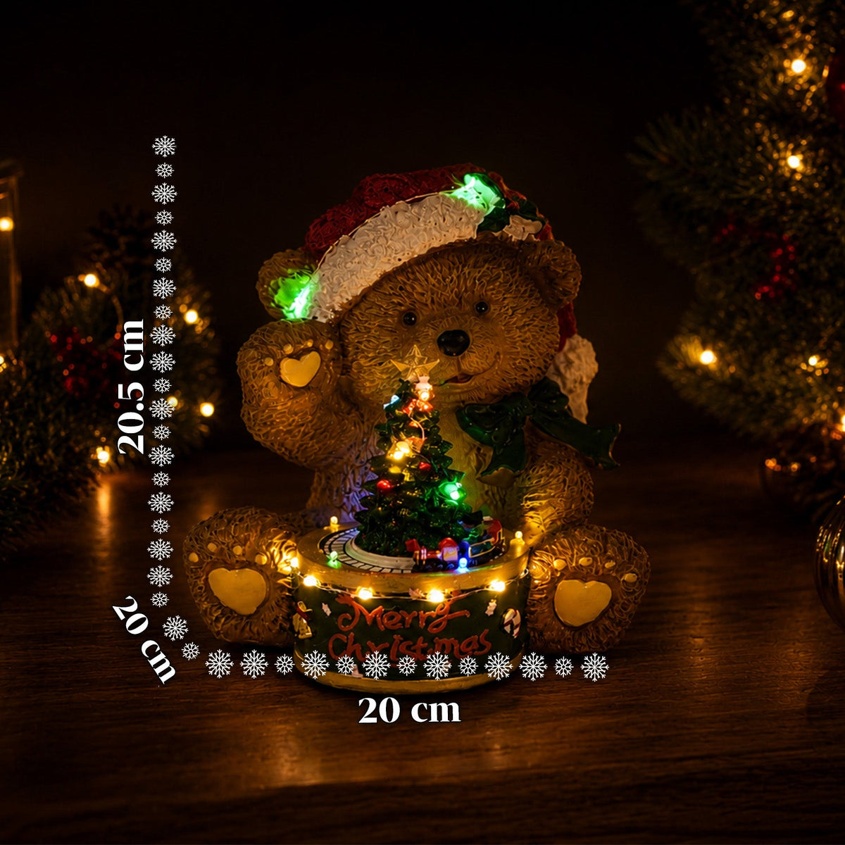 Orsetto di Natale Luminoso con Trenino Rotante e Carillon, Teddy XMAS Bear Station, Decorazione Natalizia LED in Poliresina 20,5 cm