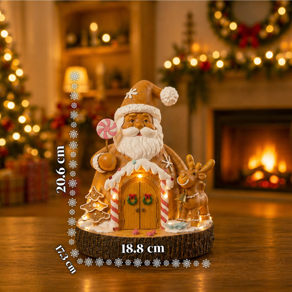 Babbo Natale Pan di Zenzero - Decorazione Natalizia Babbo Natale Pan di Zenzero con Luci LED, Musica e Porta Apribile, Casetta Luminosa in Resina 20,6 cm