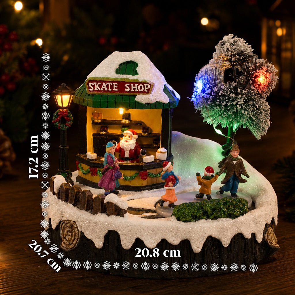 Villaggio di Natale luminoso GlideRink, pista di pattinaggio animata con musica e luci LED, decorazione in resina 20,8x20,7x17,2 cm, a batterie AA
