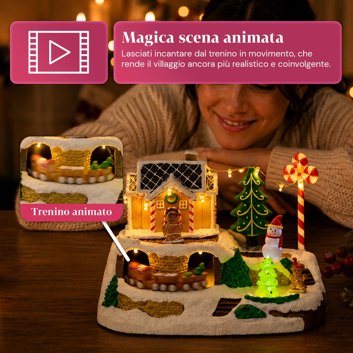 Villaggio Natalizio Luminoso Candy Town con Trenino in Movimento e 8 Melodie, Casetta Pan di Zenzero LED, Decorazione Natalizia 23,5 cm