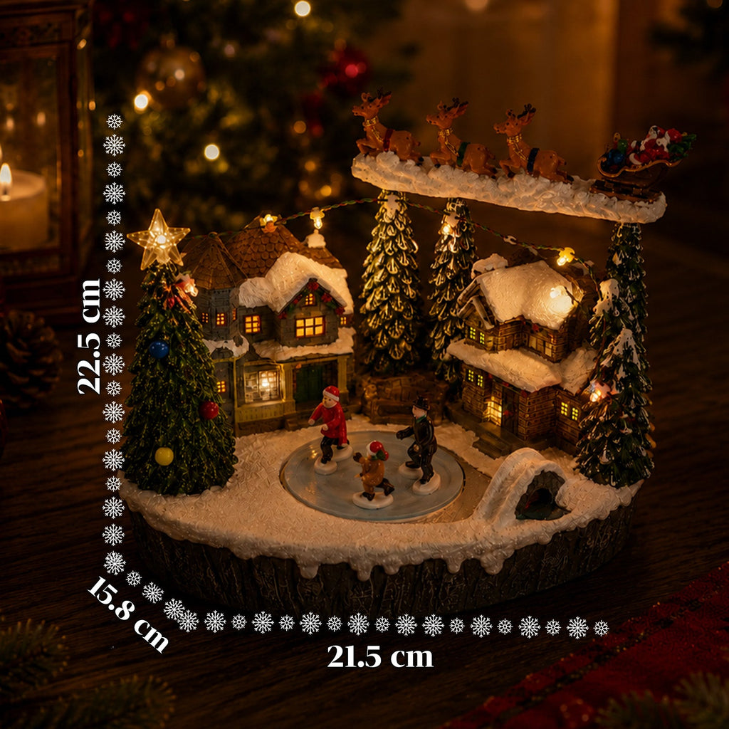 Villaggio Natalizio Luminoso Snowtime con Pista di Pattinaggio Animata, Luci LED e Musica, Slitta di Babbo Natale, Poliresina 21,5x15,8x22,5 cm