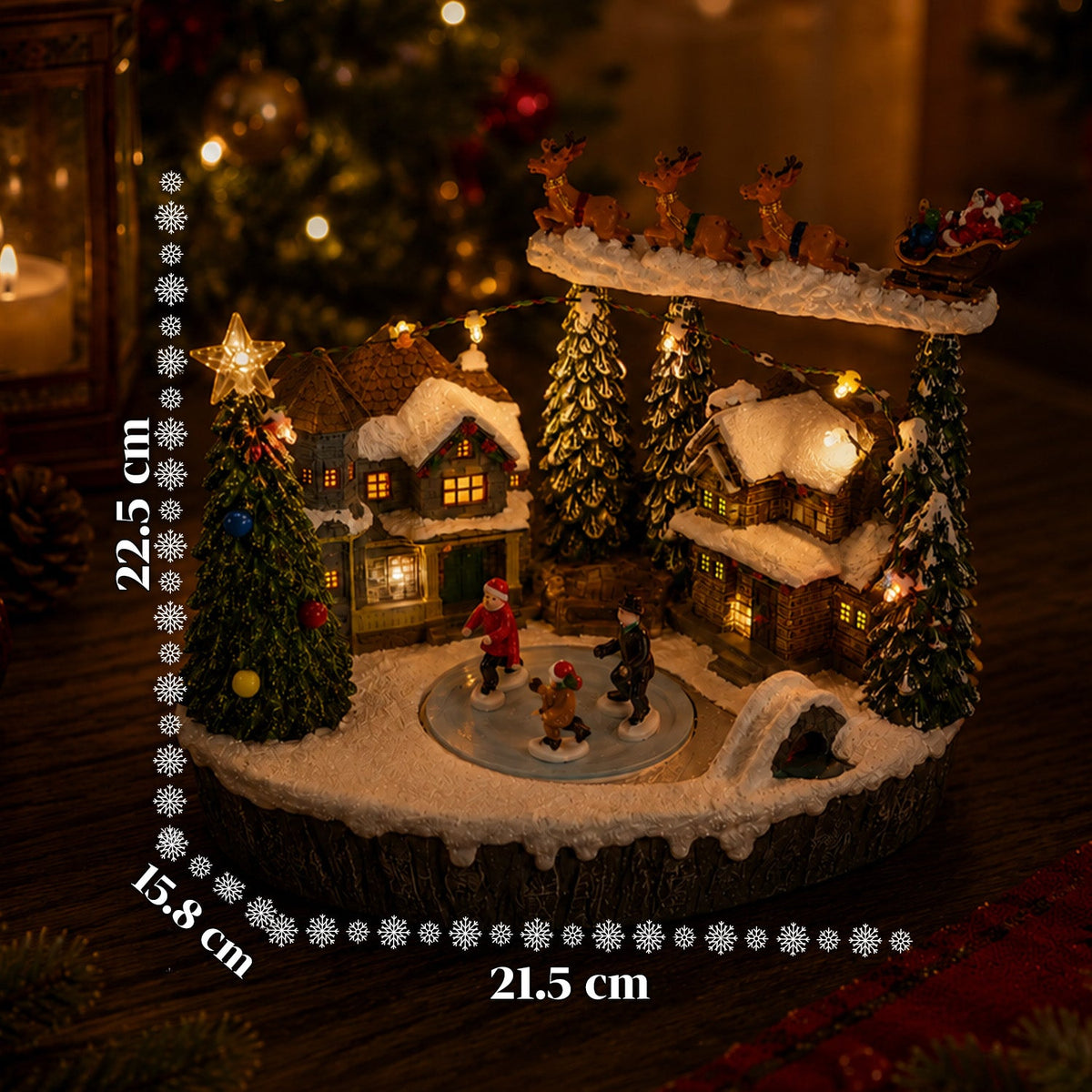 Villaggio Natalizio Luminoso Snowtime con Pista di Pattinaggio Animata, Luci LED e Musica, Slitta di Babbo Natale, Poliresina 21,5x15,8x22,5 cm