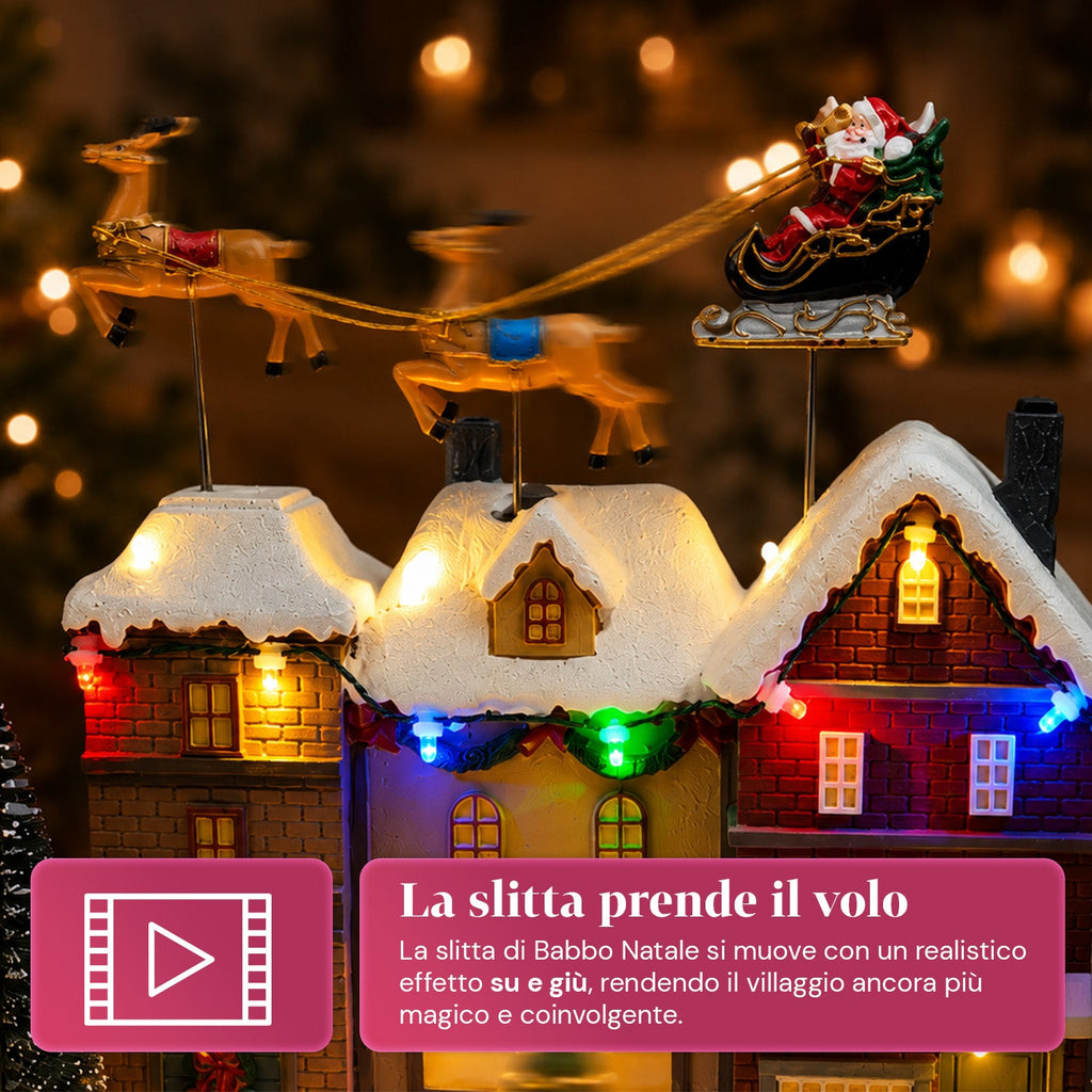 Villaggio Natalizio Luminoso Xmas Town a Batteria con Luci LED, Musica, Albero Rotante, Trenino in Movimento e Slitta di Babbo Natale, 27x25x34 cm