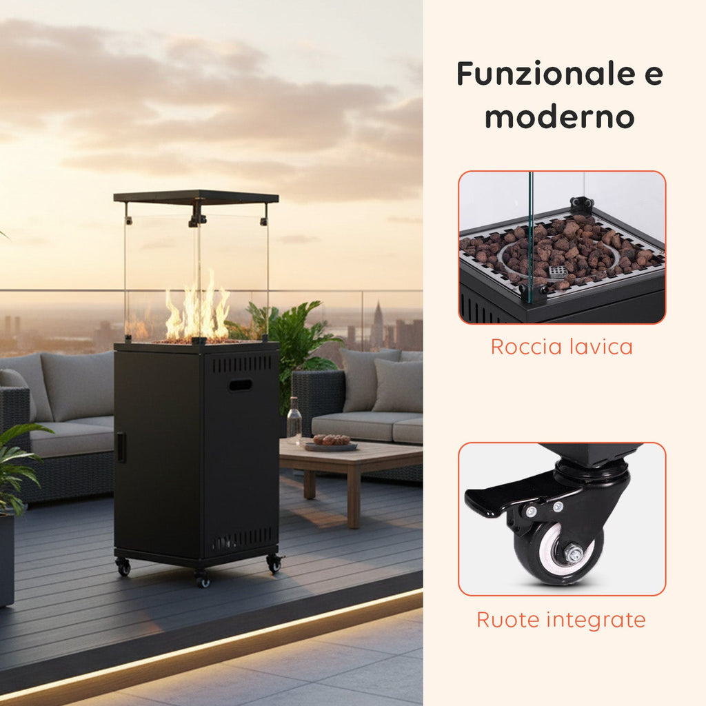 Caminetto a Gas da Esterno con Roccia Lavica e Ruote – 12kW