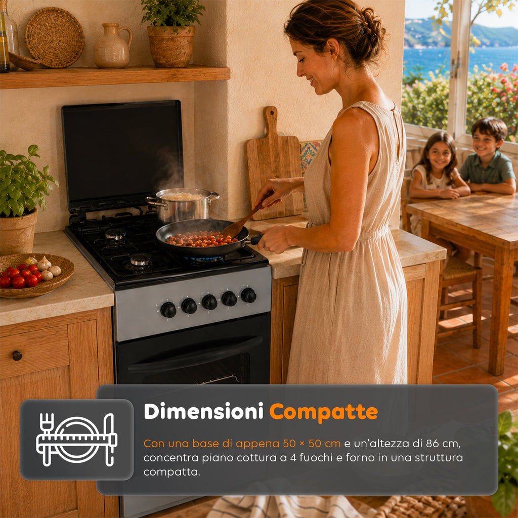 Cucina a Gas 50x50 cm con Forno a Gas 49 Litri, 4 Fuochi di Diversa Potenza, Valvole di Sicurezza e Coperchio