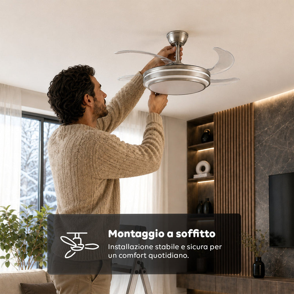 Ventilatore da Soffitto con Pale Richiudibili in Ferro e ABS - 6 Velocità, LED 72W Dimmerabile in 3 Tonalità di Luce Integrata Calda, Naturale e Fredda