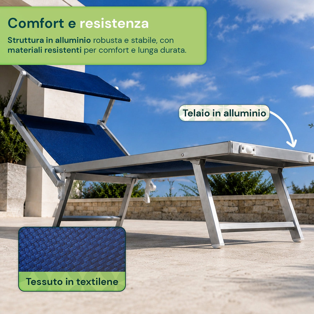 Lettino Prendisole Pieghevole in Alluminio e Textilene con Tettuccio Parasole 360° – Schienale Reclinabile e Portata 150kg