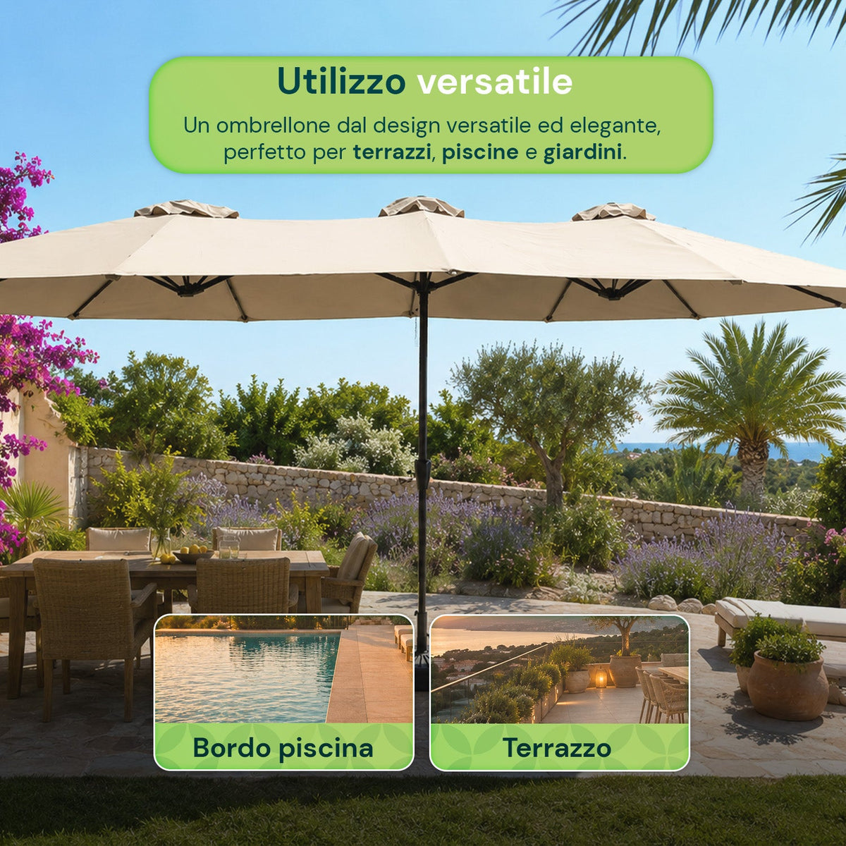Ombrellone da Giardino Ovale XXL 460x270 in Acciaio al Carbonio e Telo in Poliestere - Altezza 2,45m (Base NON Inclusa)