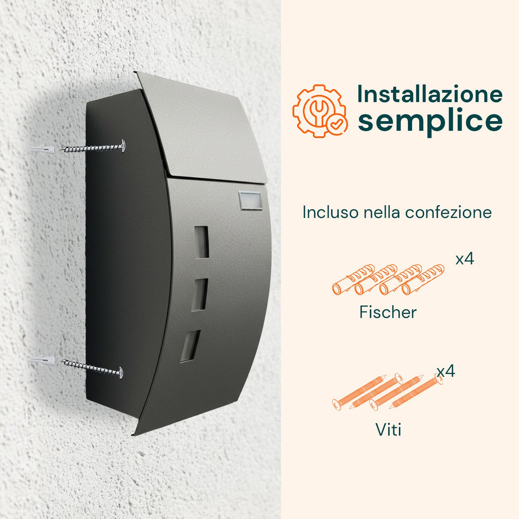 Cassetta Postale a Muro Moderna in Acciaio Inox con Targhetta per il Nome e 2 Chiavi