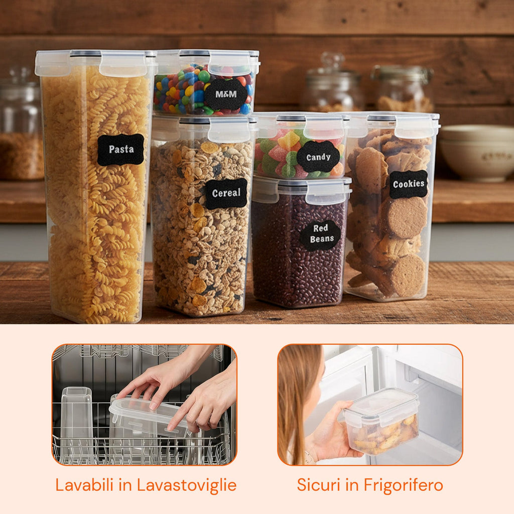 Set di 24 contenitori ermetici per alimenti di diverse dimensioni con etichette