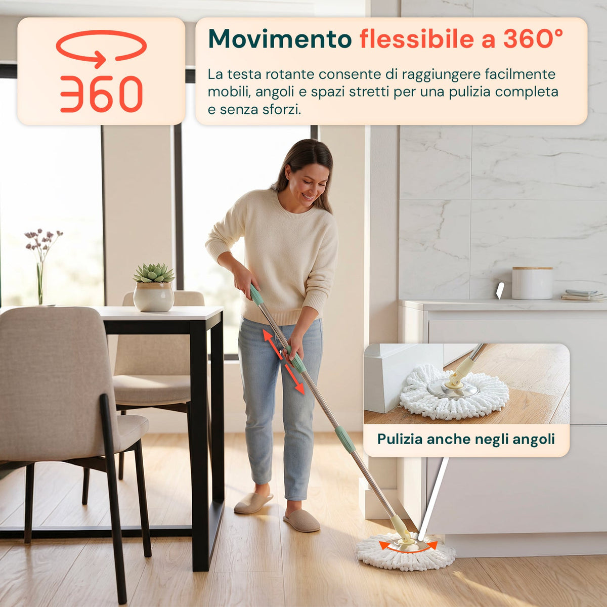 Kit Mocio Rotante 360° con Secchio 14L - 46x27x22cm e Centrifuga in Acciaio – Include 2 Testine in Microfibra, Dosatore Sapone e Asta Telescopica – Set Lavapavimenti Universale con Ruote e Scarico