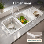 Lavello cucina a due vasche con o senza gocciolatoio, bianco o nero, rubinetto incluso