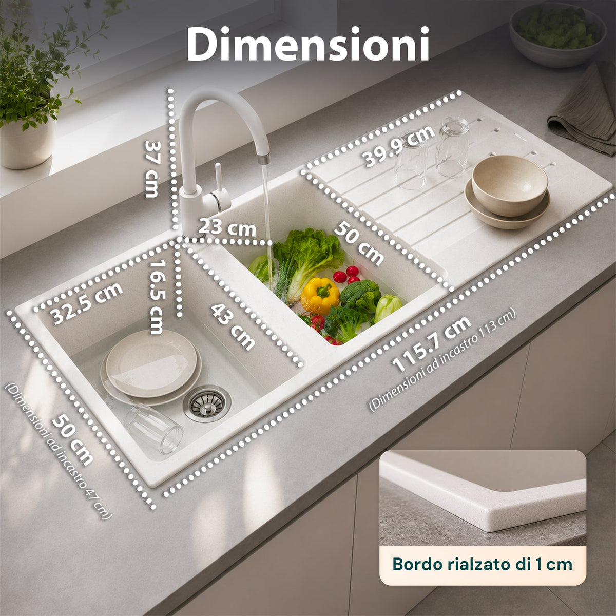 Lavello cucina a due vasche con o senza gocciolatoio, bianco o nero, rubinetto incluso