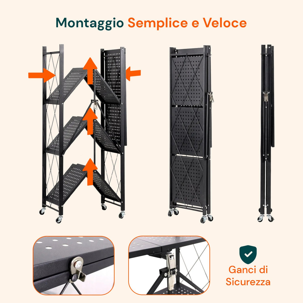 Scaffale mobile pieghevole a 4 ripiani con ruote girevoli bloccabili