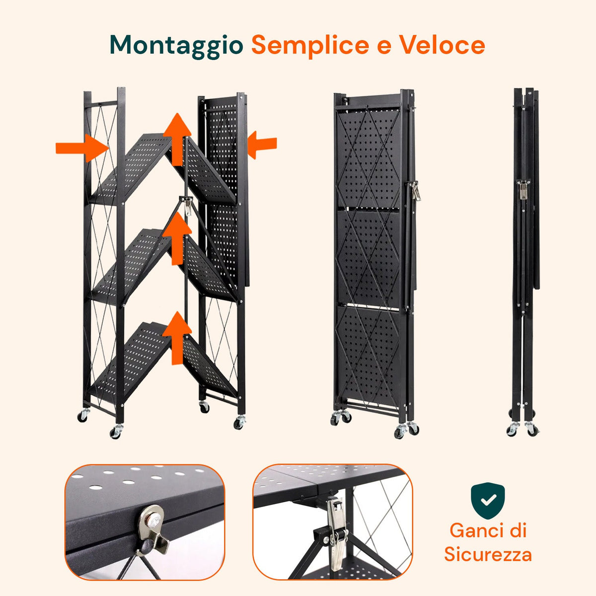 Scaffale mobile pieghevole a 4 ripiani con ruote girevoli bloccabili