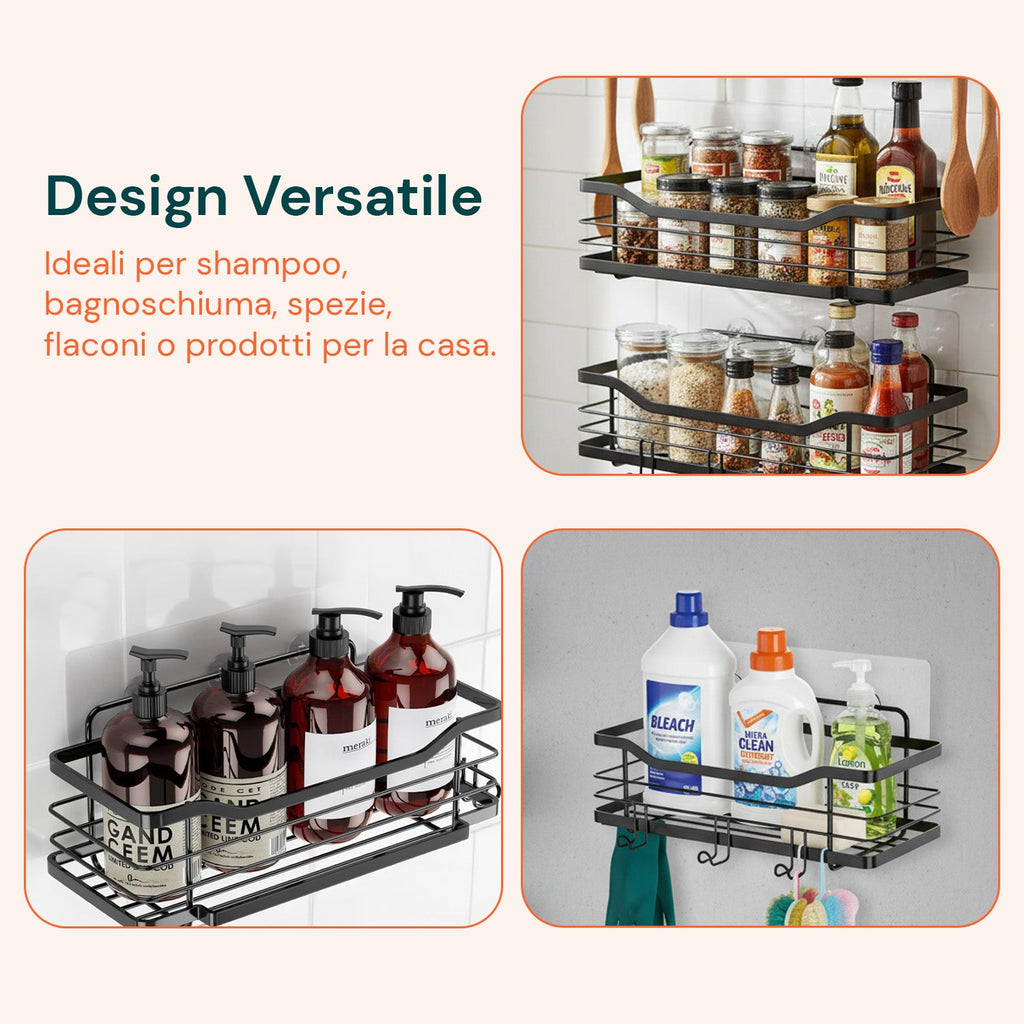 Set di 2 mensole adesive da parete in acciaio nero per bagno e cucina